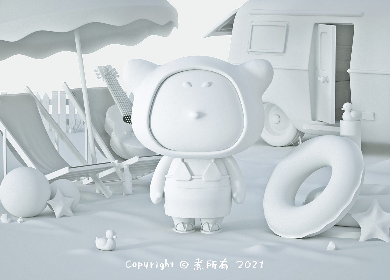 盲盒ip小场景设计渲染沙滩比基尼