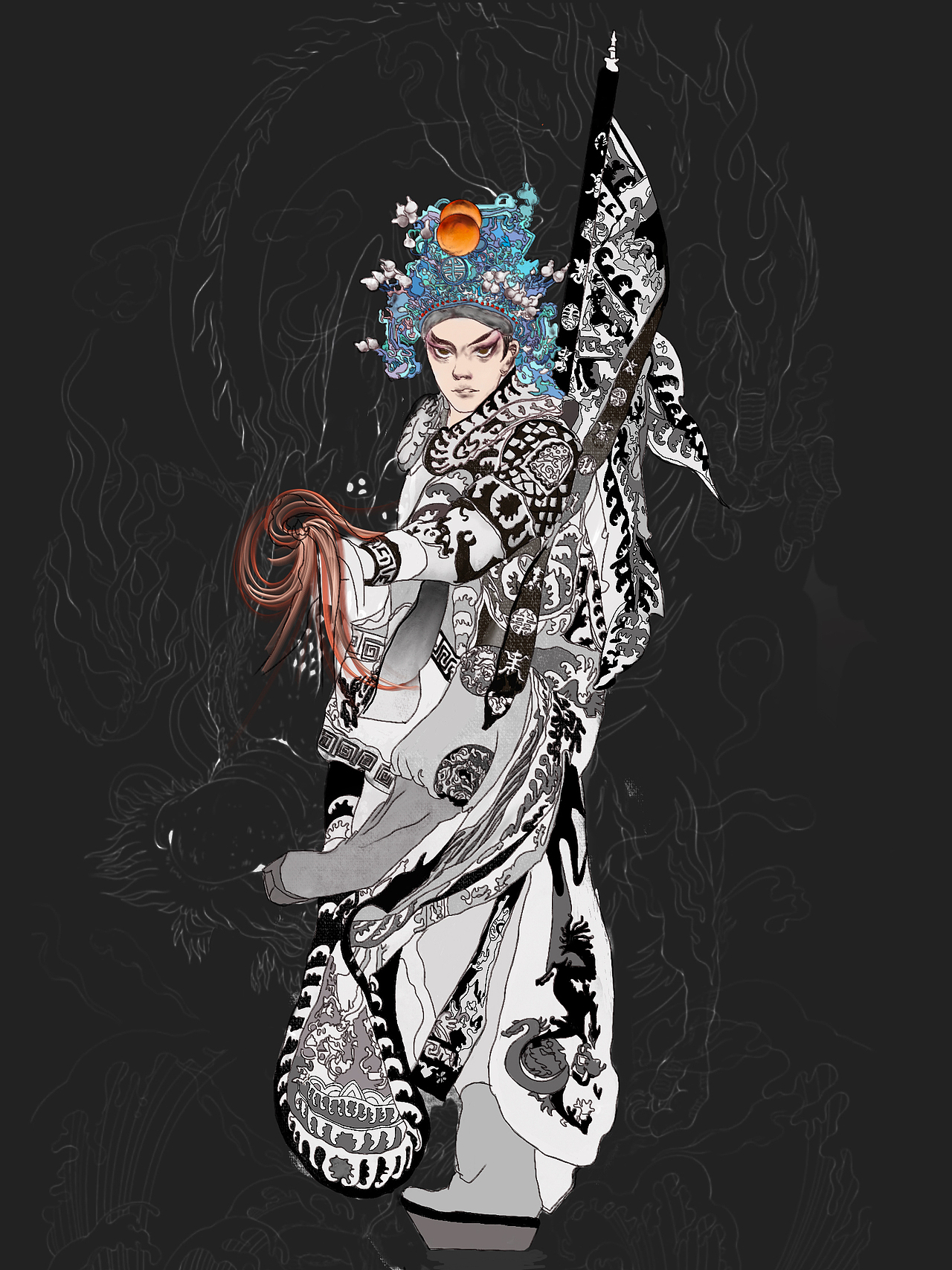 作品以中国非物质文化遗产京剧中的生角与净角为主,结合了中国传统