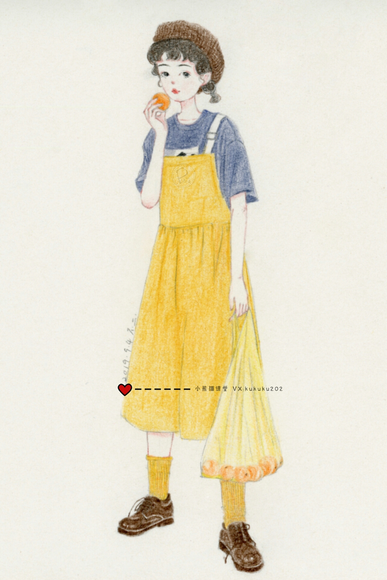 彩铅手绘少女全身线稿卡通插画壁纸头像水彩教程治愈系