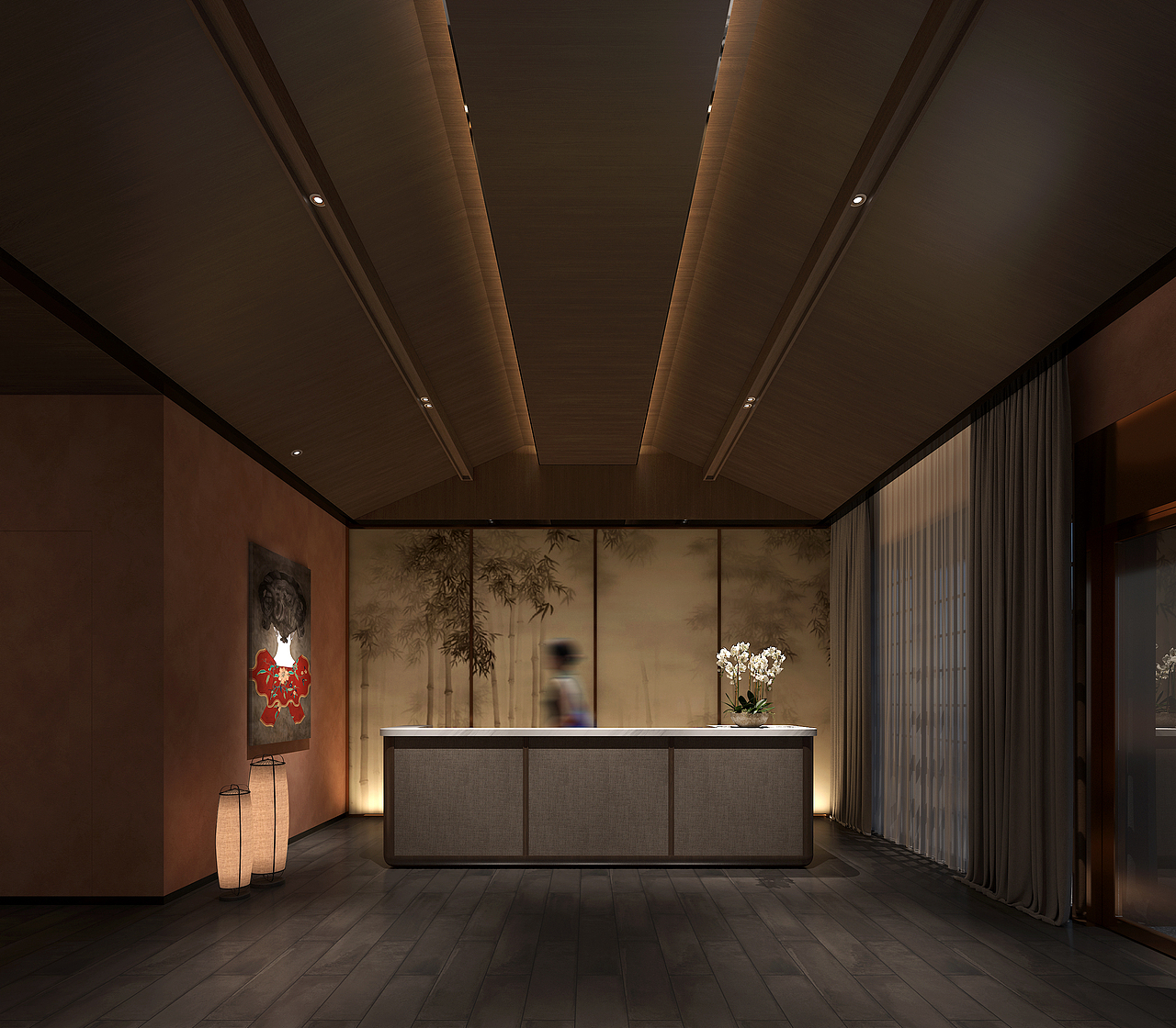 大厅由于利用面积不大,整体的设计理念上我们采用的比较简约框架,这样正好对应了新中式手法表现语言的好处,文雅、舒适、静怡。