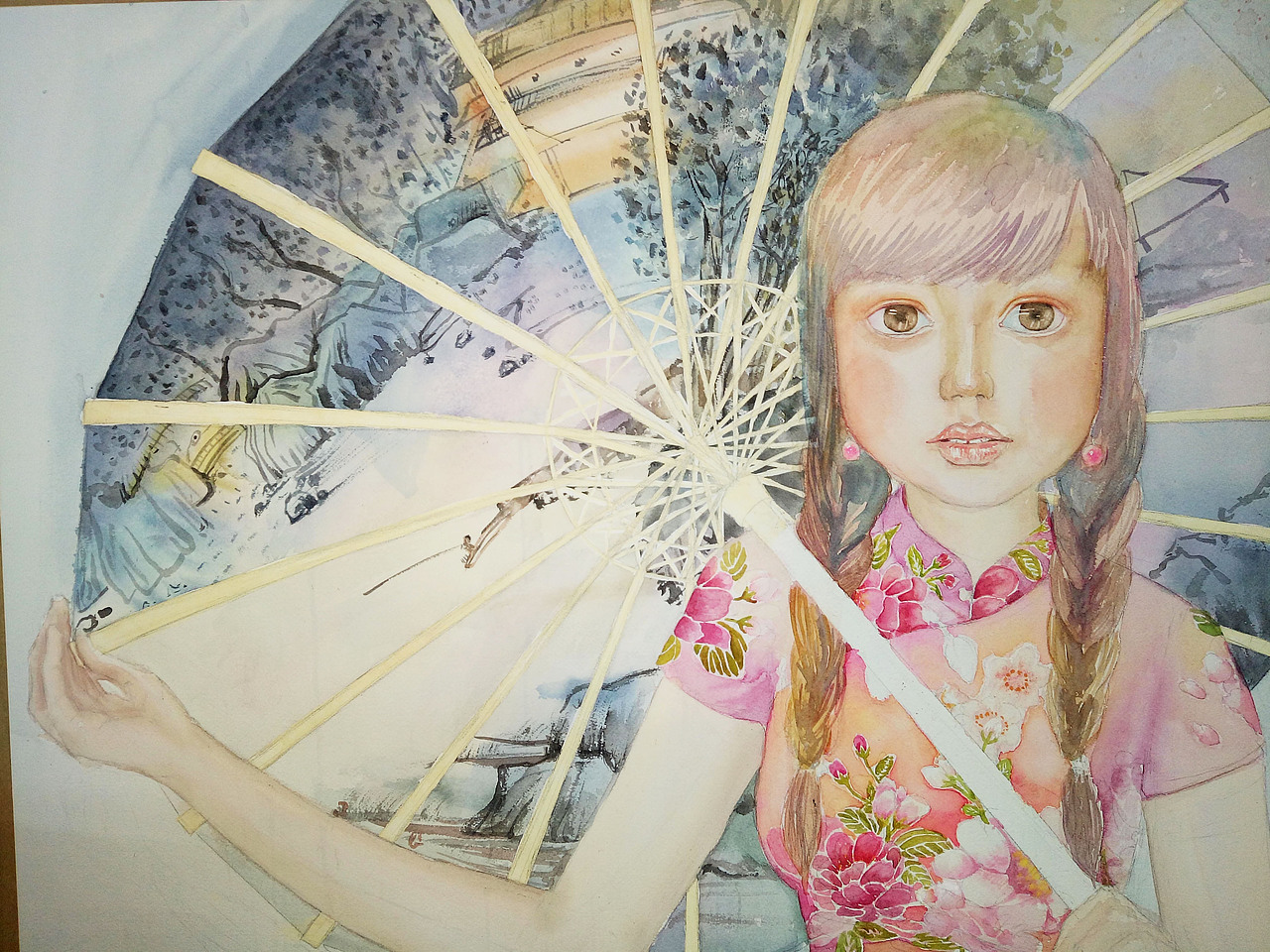 纸本水彩插画《撑伞的小女孩》