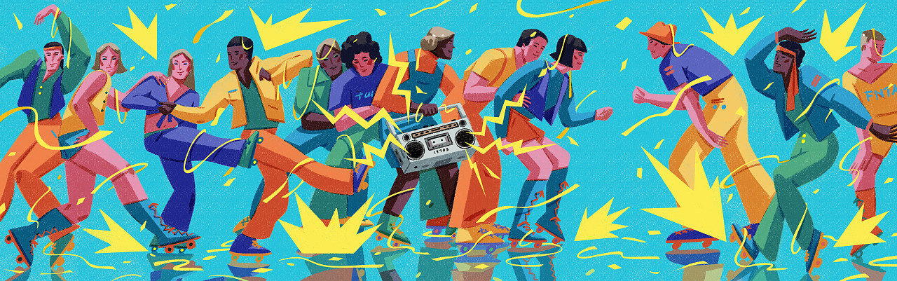 根据70年代的disco音乐创作的跨页插画