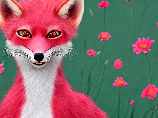 #拟人化的粉红色小狐狸,穿着传统红色礼服站在花丛中