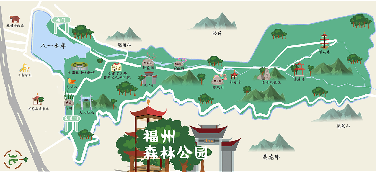 福州国家森林公园扁平化手绘地图