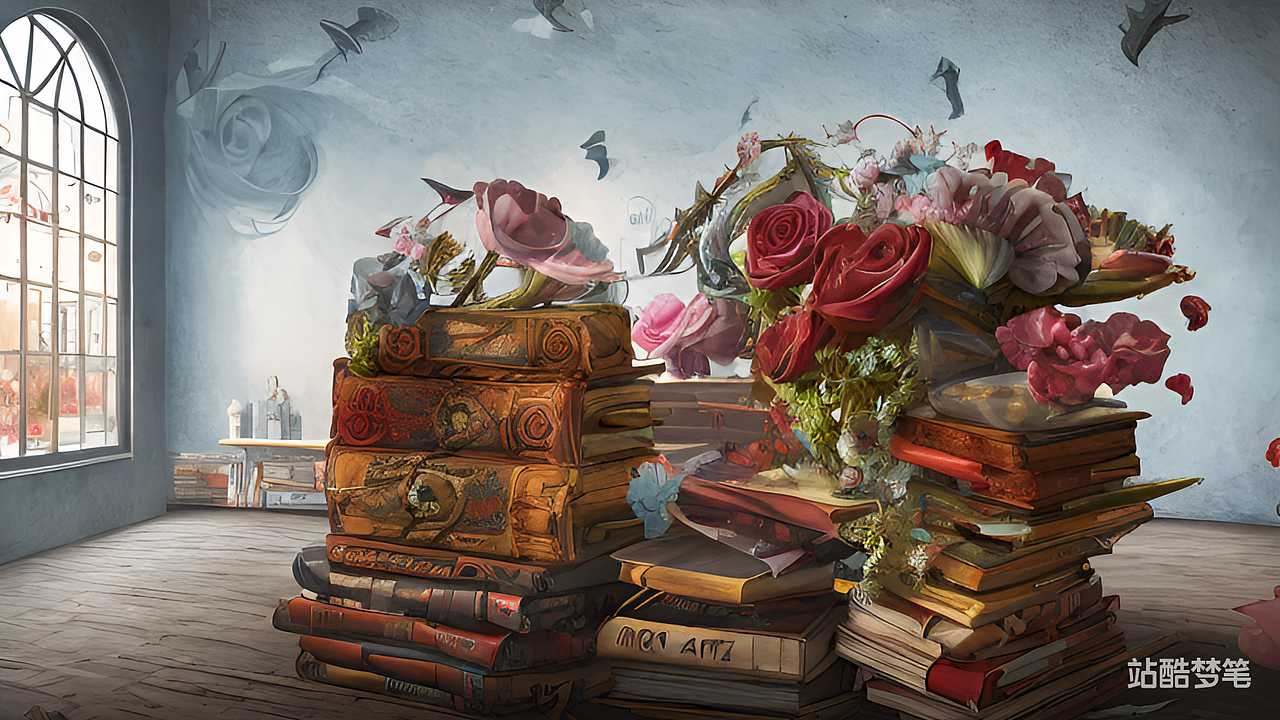 #站酷梦笔#交付留影区，书本元素，花艺，，超现实主义（图ZMzM1MzE2NTI4） - AI作品 - 站酷设计师Z08686122原创素材 - 站酷ZCOOL
