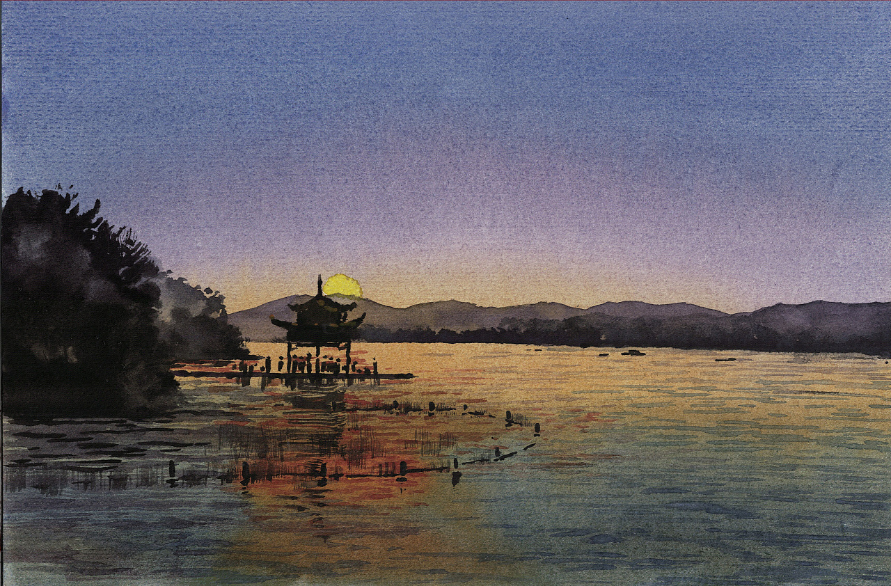 西湖美景水彩画大图图片