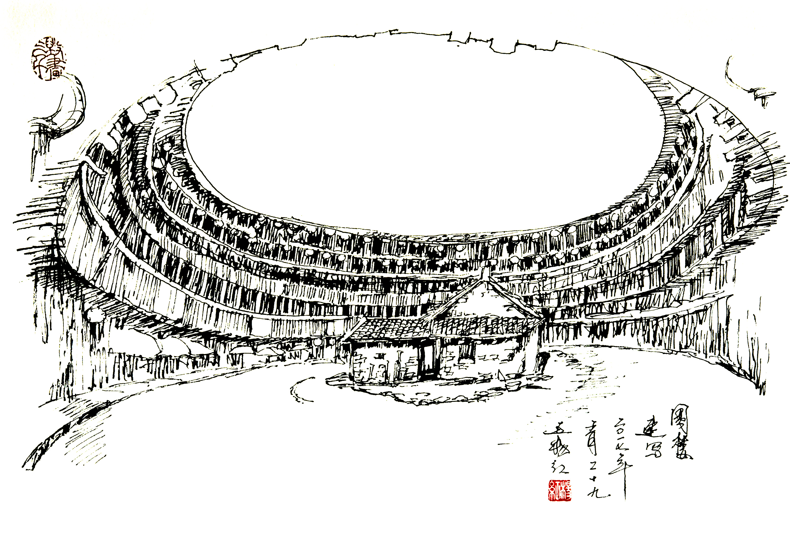 钢笔风景速写——村寨