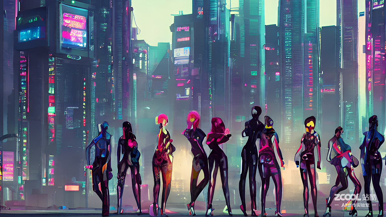 #AI创作实验室#现代大都市少女，站在人来人往的车道上（图ZMzIyNTE5MzU2） - AI作品 - 站酷设计师学画画来轻微课原创素材 - 站酷ZCOOL