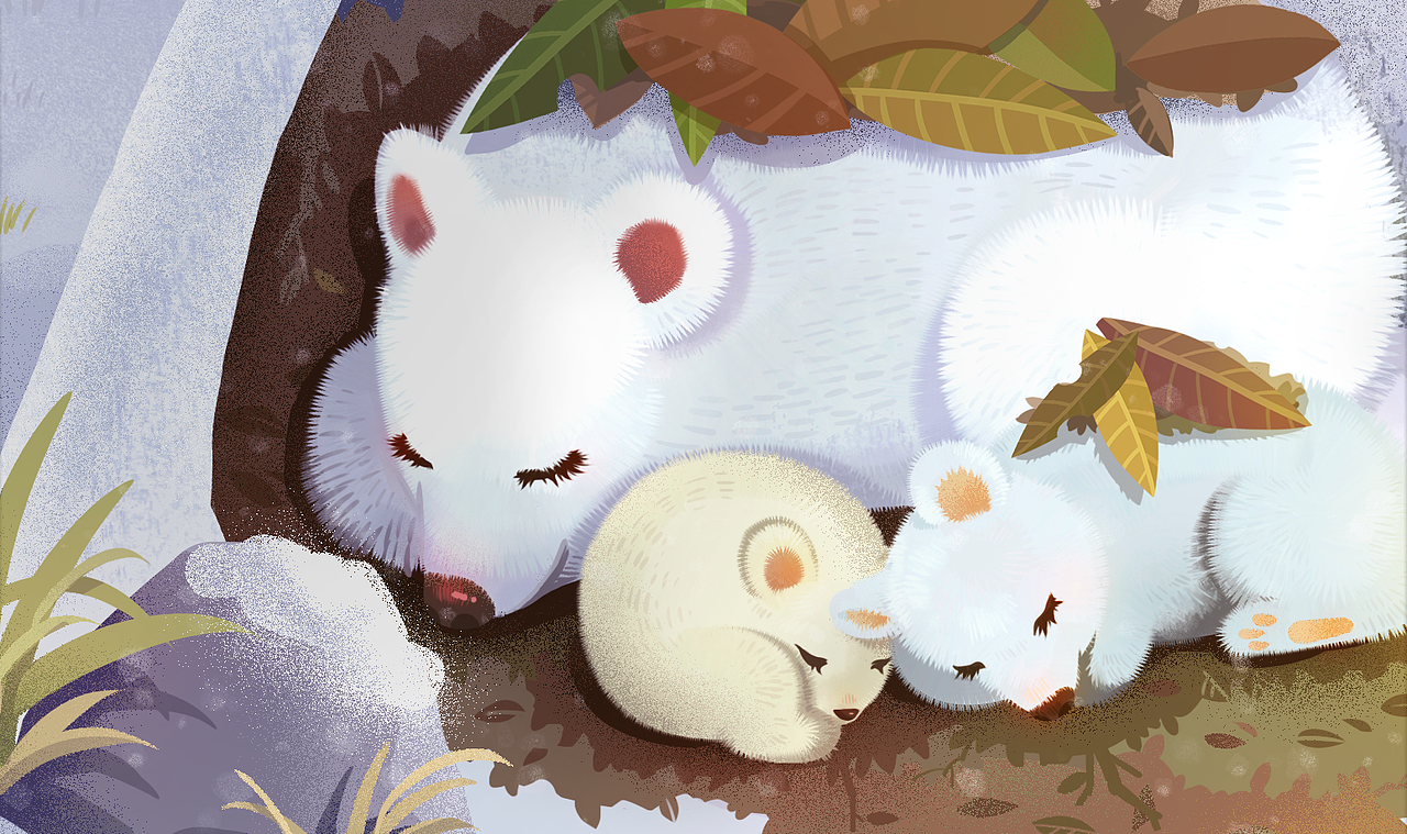 熊作为主体,要表现出温暖的感觉,瞬间就觉得一窝熊冬眠的场景会很温馨