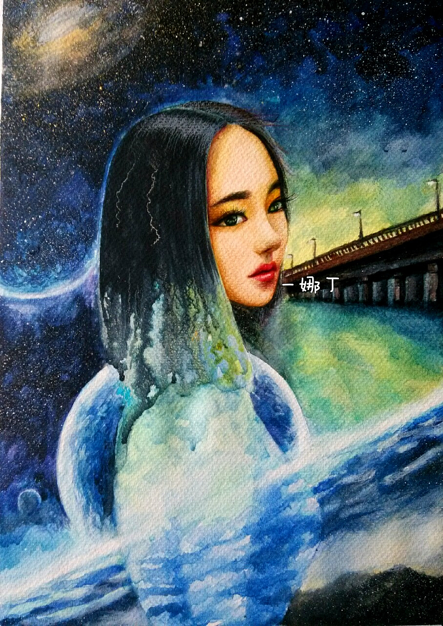 水彩星空少女