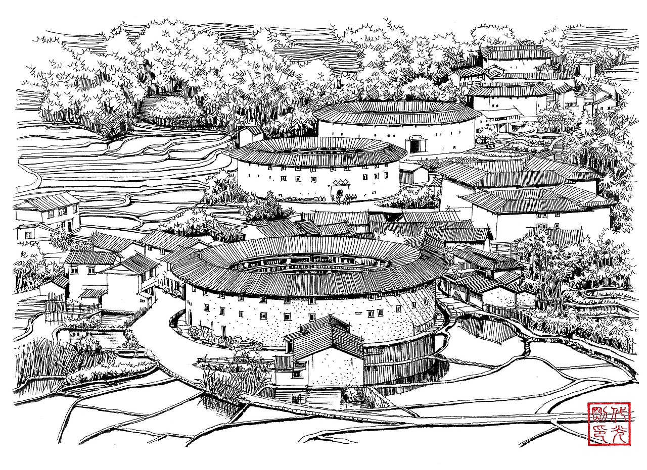 土楼建筑写生作品一组