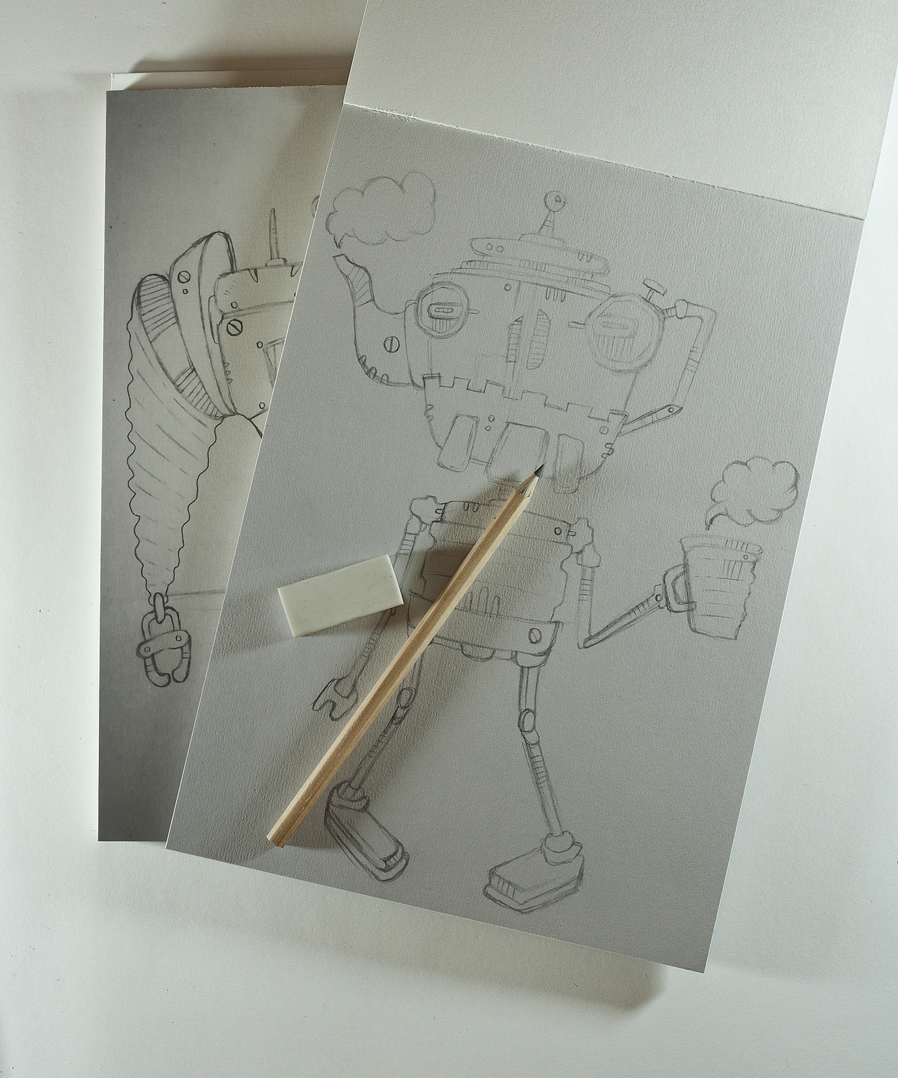 彩铅手绘小机器人系列插画可爱机械朋克风