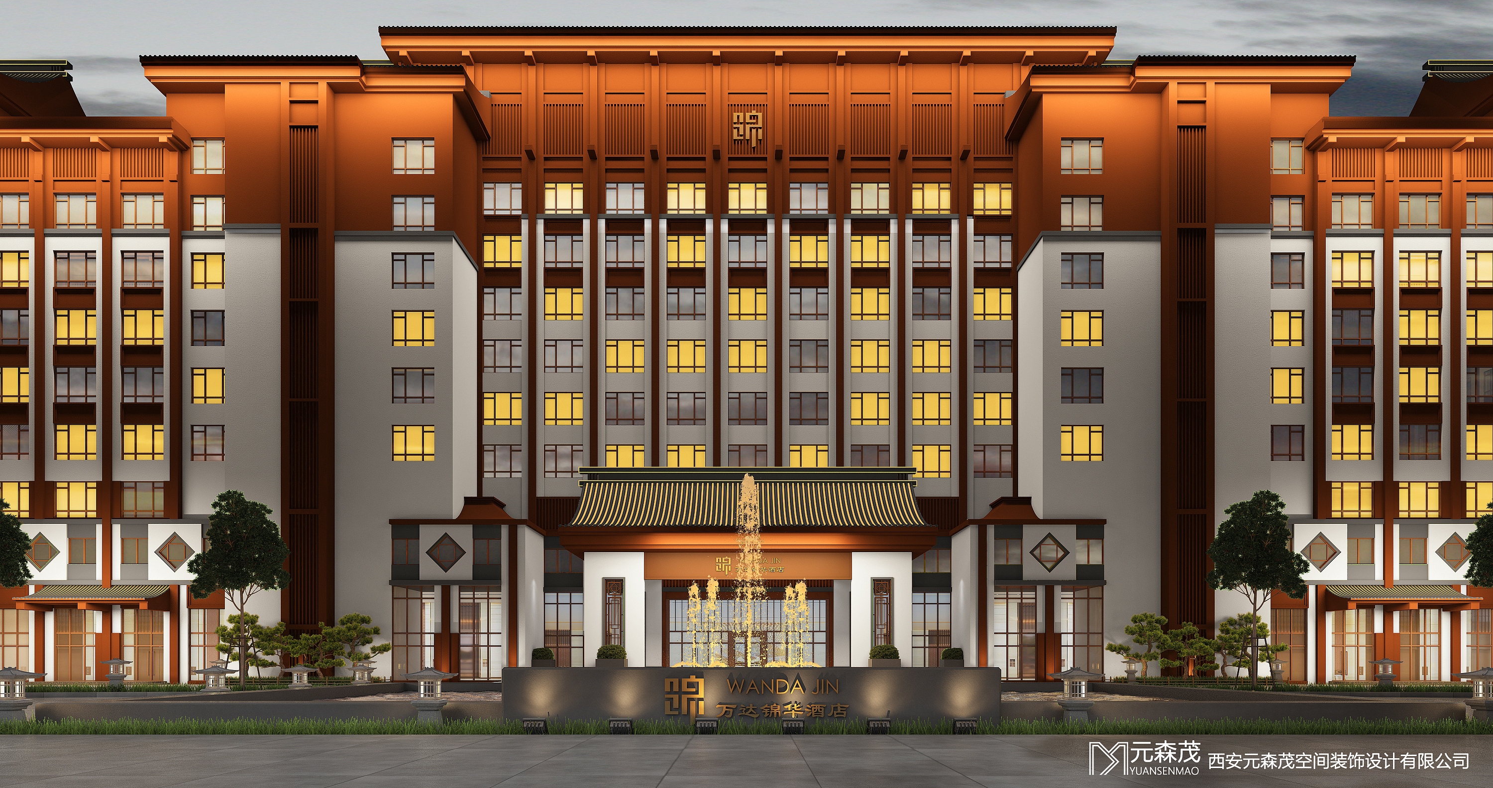 中式酒店建筑外观夜景效果设计