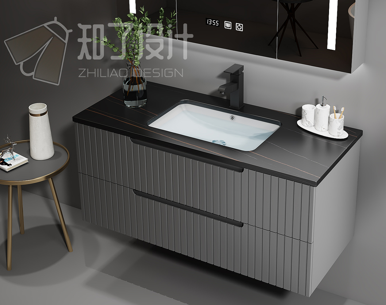 知了设计/3D制作 无实物 意式极简 岩板台面 浴室柜