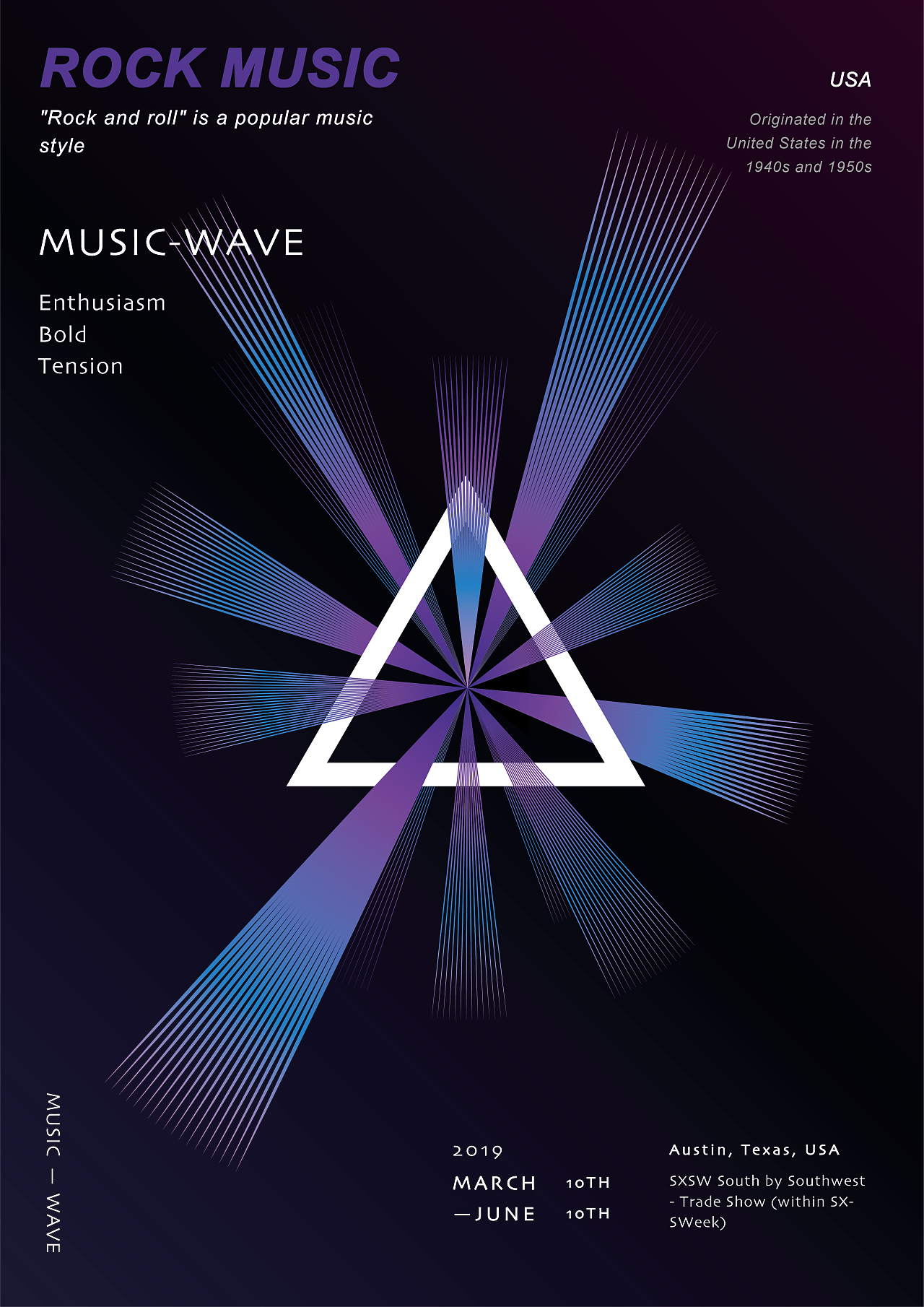 摇滚乐:特点(激情,大胆,有张力),图形创意中采用放射性的线条来彰显