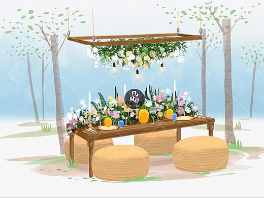 婚礼手绘 — 电脑 韩式小清新插画风格「户外餐区」
