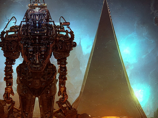 #AI创作实验室#机械猫人站在铁壁机械外星金字塔前面