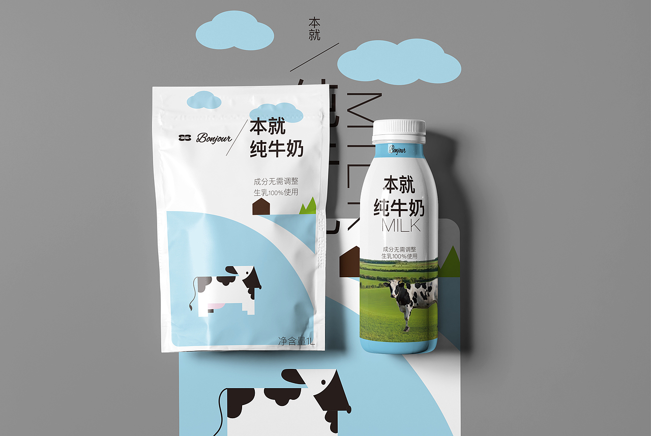 純牛奶包裝設(shè)計(jì)（圖ZMzQxMDc2NTk2） - 包裝 - 站酷設(shè)計(jì)師一桶金原創(chuàng)素材 - 站酷ZCOOL