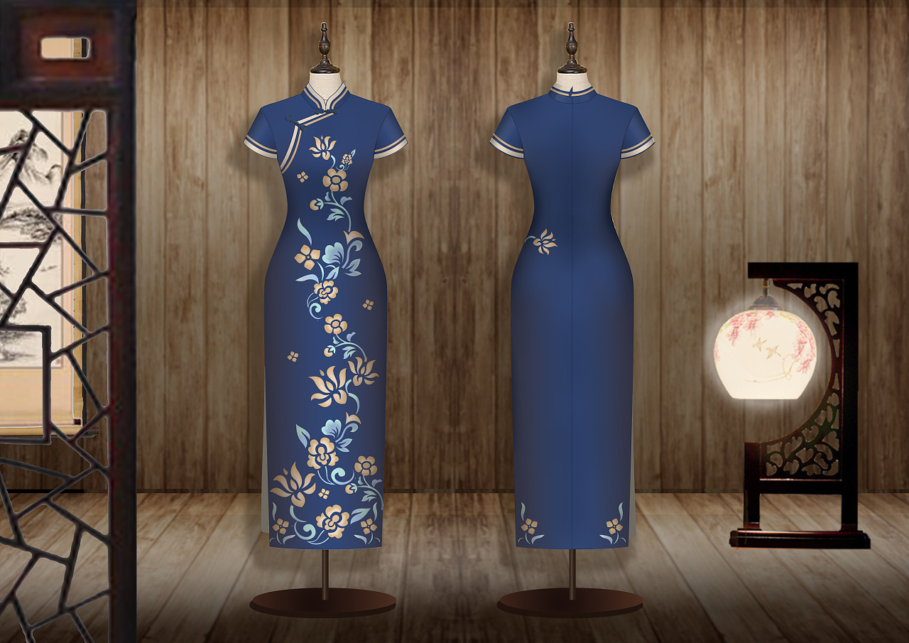 中国风经典斜方圆襟旗袍服装款式刺绣印花中式女装设计