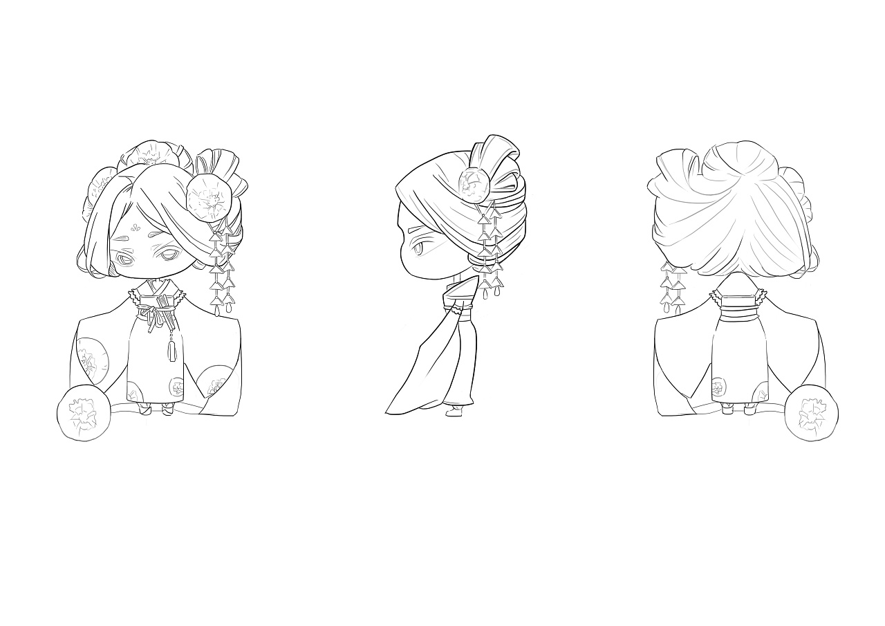 一组和服姑娘的线描上色还有三视图,画的比较粗糙,多多见谅! 推荐