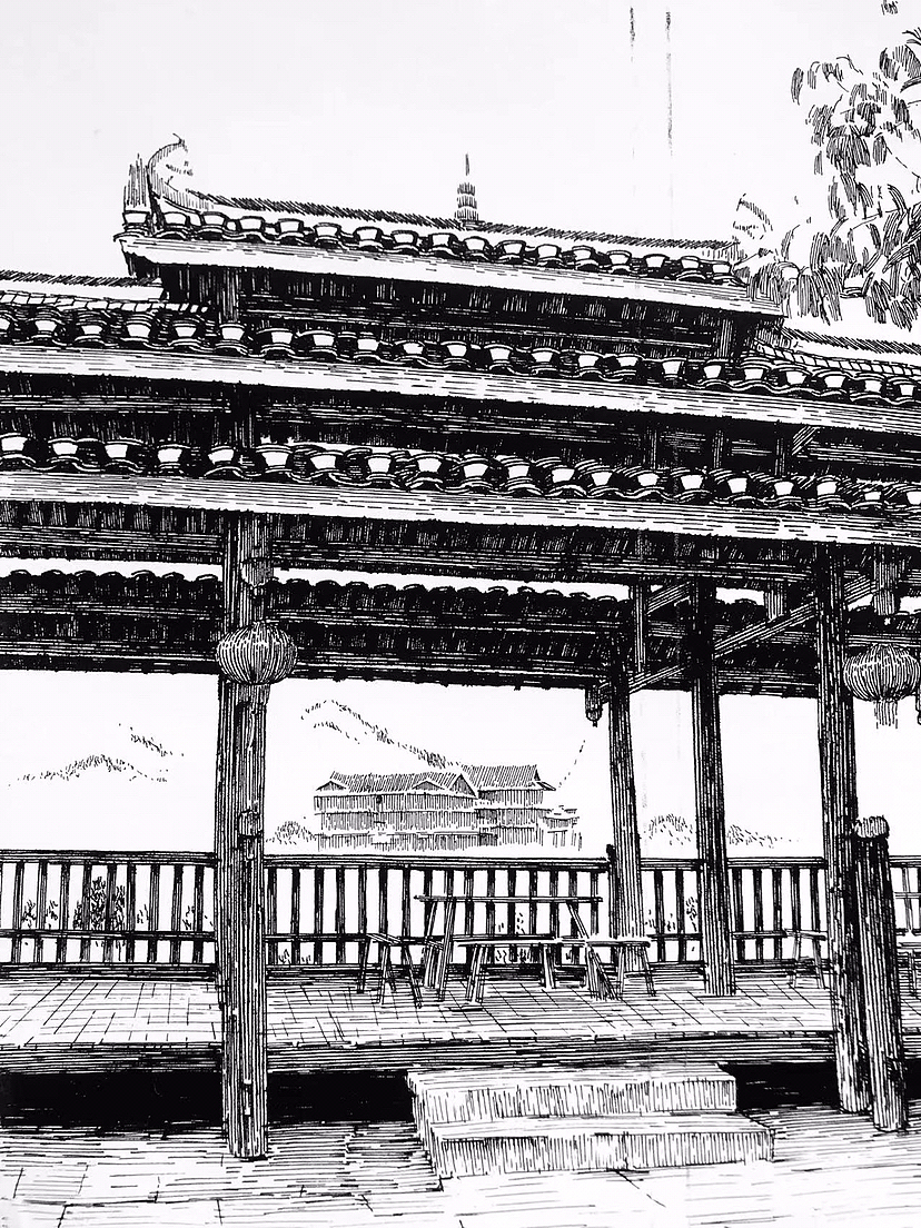 钢笔画壮寨木楼