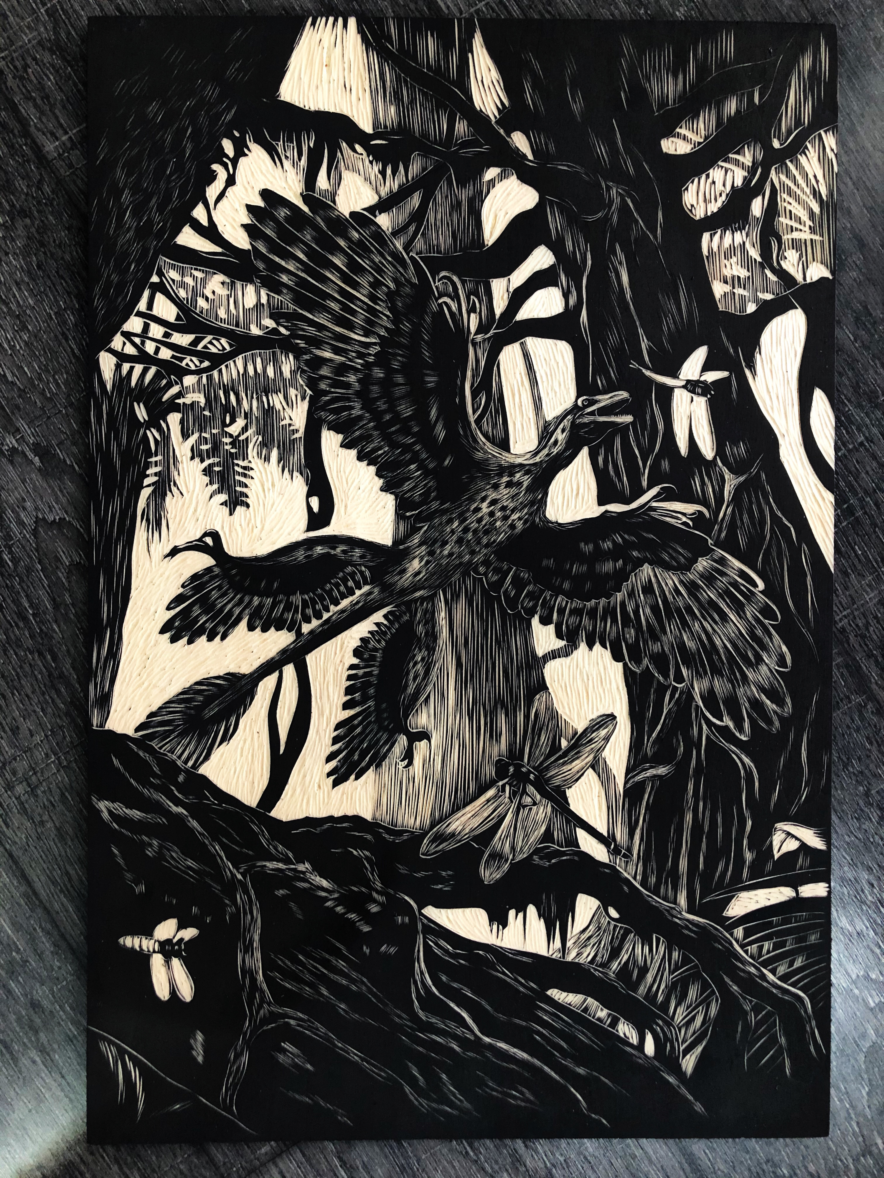 手工雕刻黑白木刻版画《飞行的奥秘》