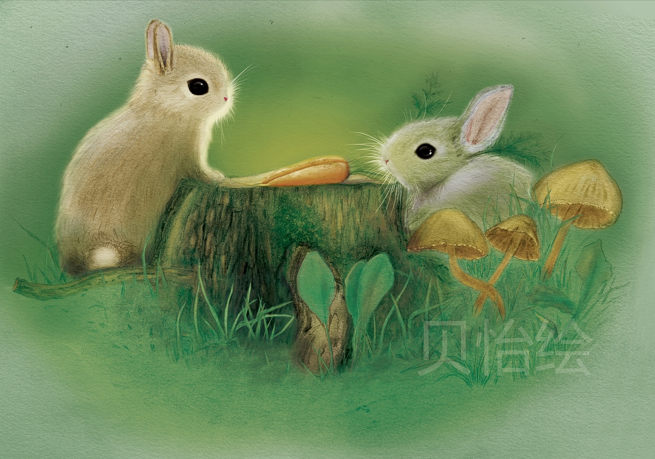 可爱的卡通两只兔子勾勒上色插画图片素材_ID:422040224-Veer图库