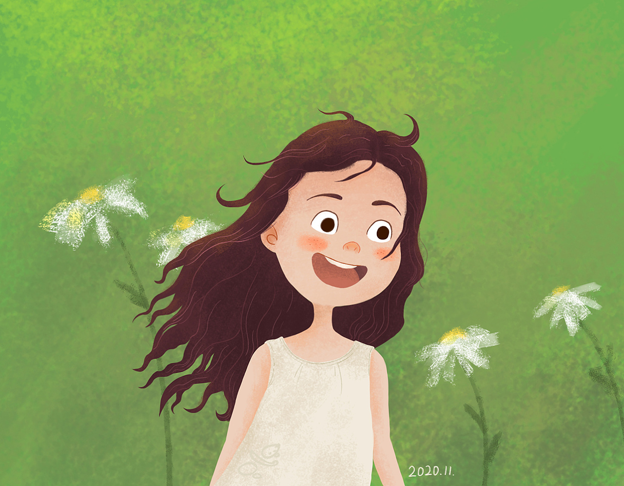 风中的小女孩——人物头像插画
