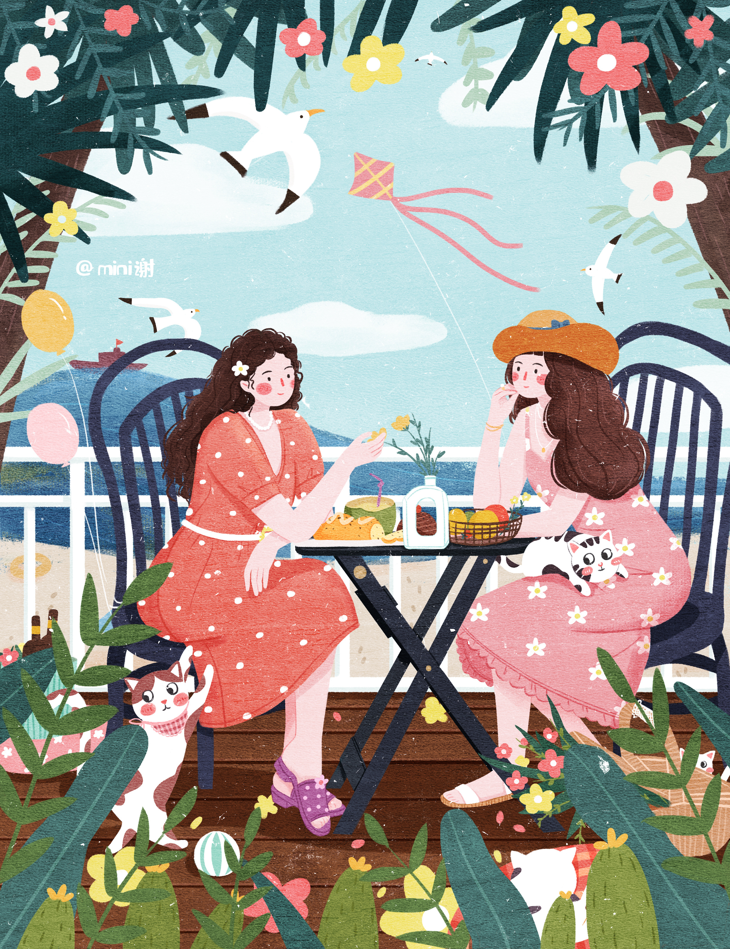 夏日海边女孩插画