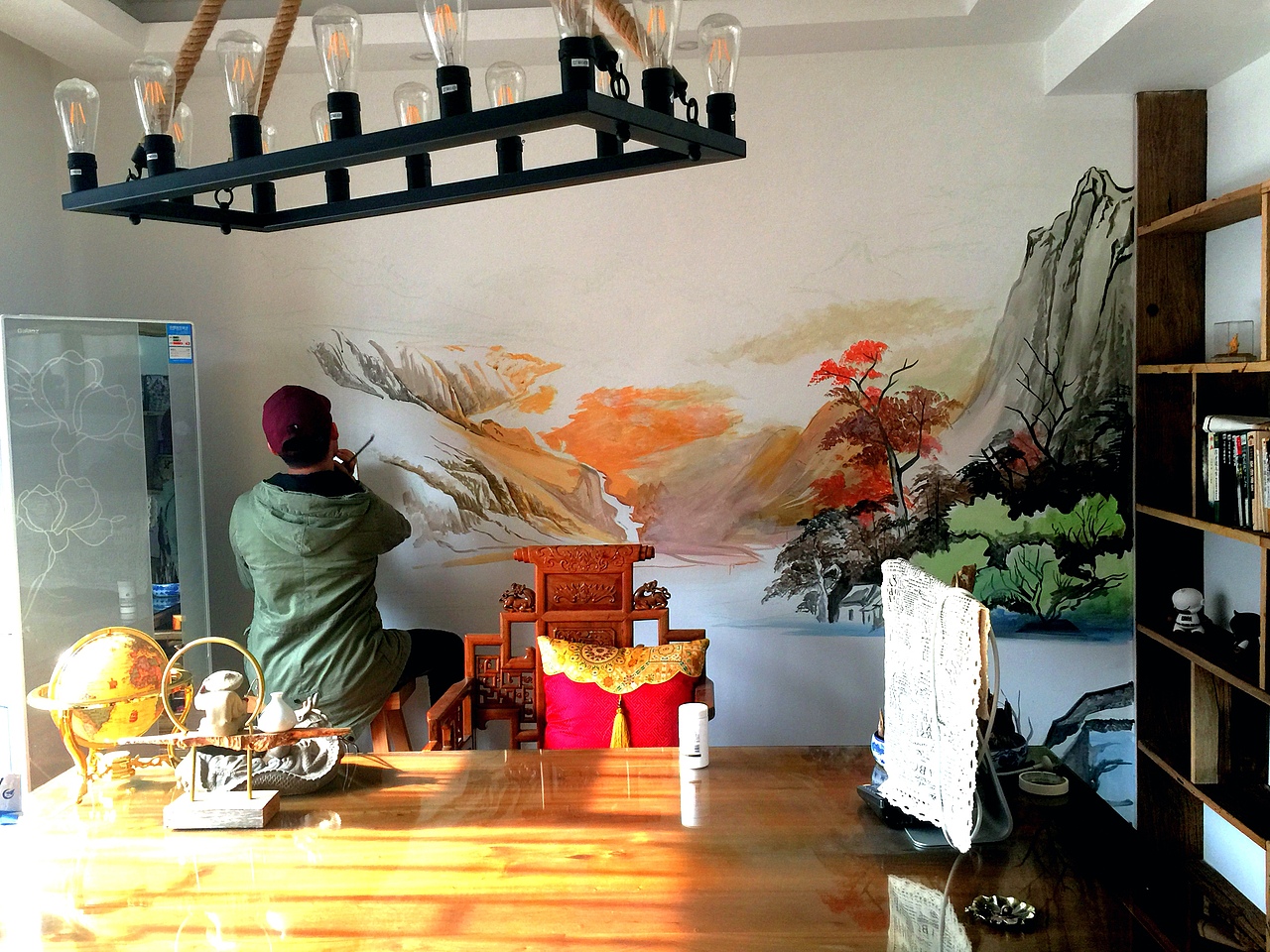 原创壁画山水风景—办公室背景国画墙绘绘制过程