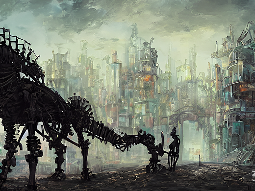 #站酷梦笔#机器骷髅骑士坐在机器马上，马站在楼上，迎