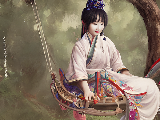 #AI创作实验室#工笔画，古装，女孩坐秋千上