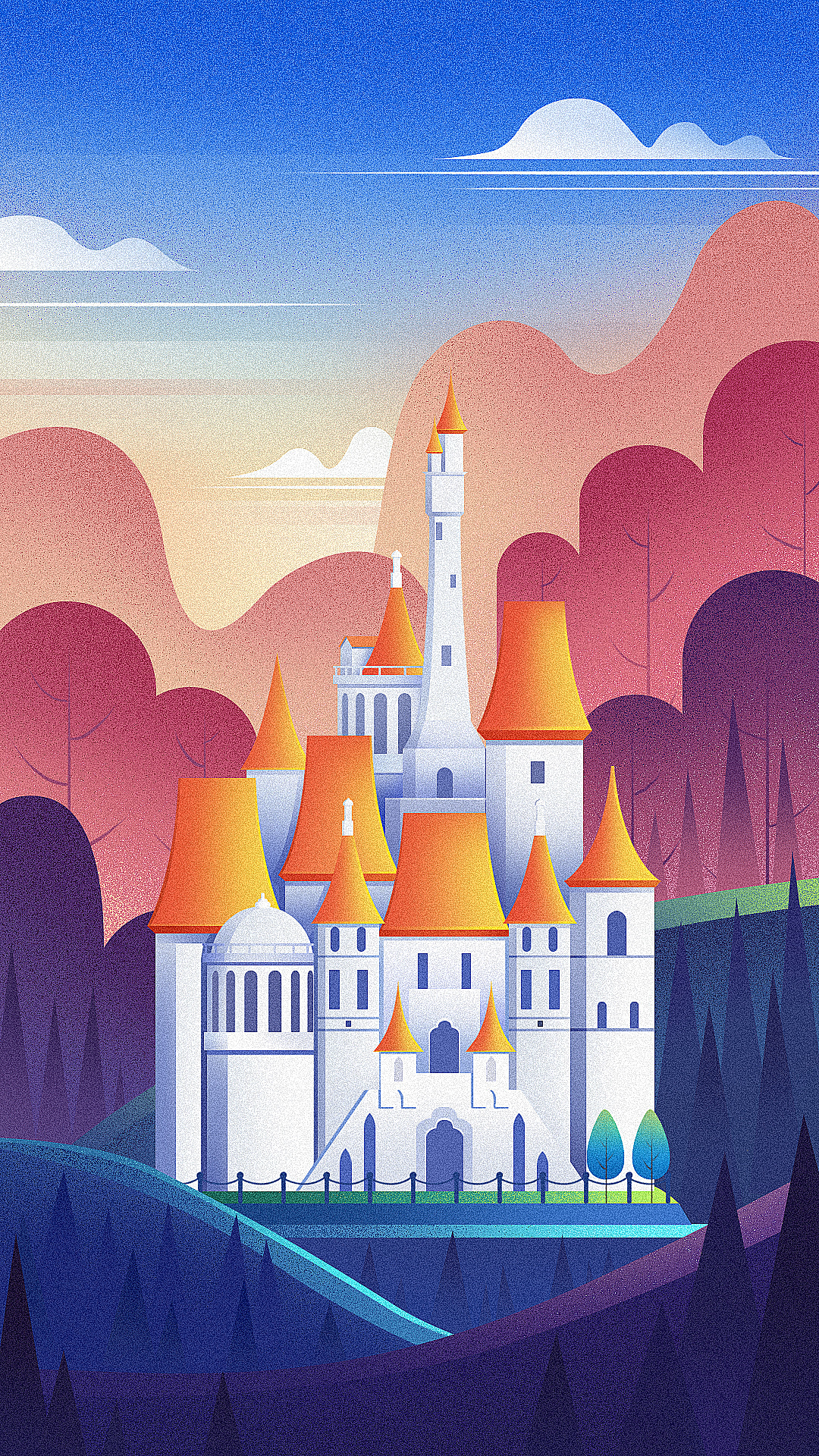 一组扁平渐变噪点建筑插画练习