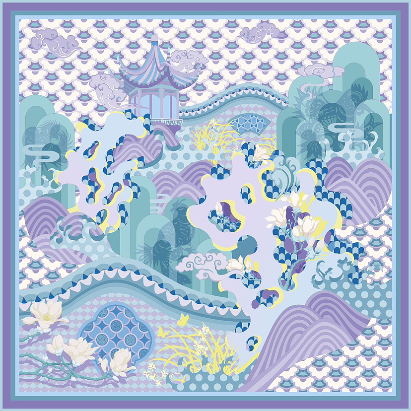 《水云涧》国风丝巾插画设计