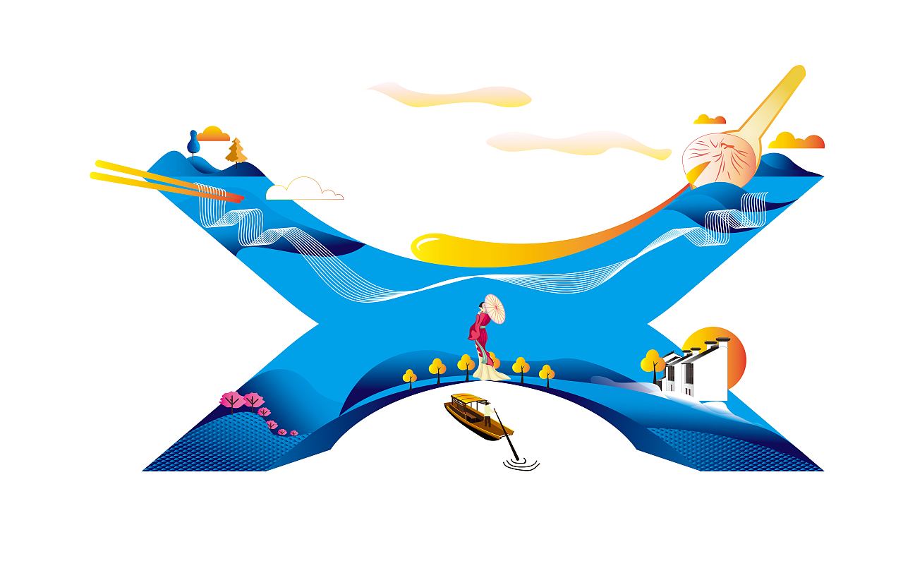 以无锡特色的景点,建筑,美食等元素结合"wuxi"字母进行创作,分别代表