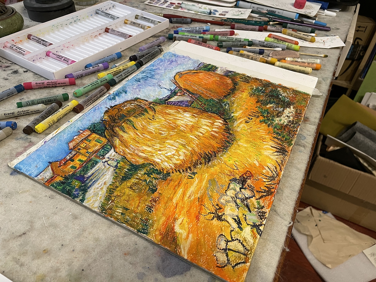 油画棒临摹之梵高作品普罗旺斯的大草堆（图ZMjM2NTQwMzUy） - 绘画 - 站酷设计师慕渔艺术原创素材 - 站酷ZCOOL