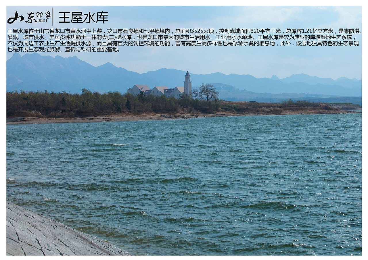 王屋水库位于山东省龙口市黄水河中上游，龙口市石良镇和七甲镇境内，总面积3525公顷，控制流域面积320平方千米，总库容1.21亿立方米，是集防洪、灌溉、城市供水、养鱼多种功能于一体的大(二)型水库，也是龙口市最大的城市生活用水、工业用水水源地。王屋水库是较为典型的库塘湿地生态系统，不仅为周边工农业生产生活提供水源，而且具有巨大的调控环境的功能，富有高度生物多样性也是珍稀水禽的栖息地，此外，该湿地独具特色的生态景观也是开展生态观光旅游、宣传与科研的重要基地。