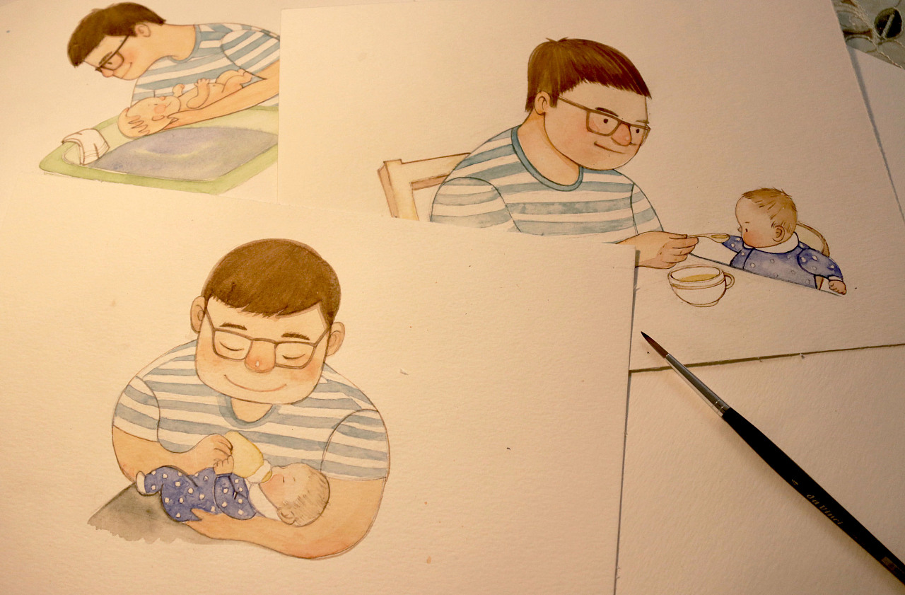 水彩手绘创作《奶爸》