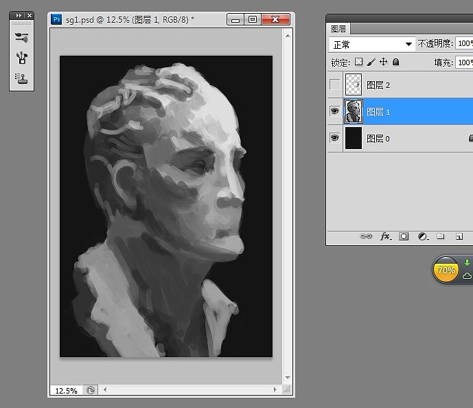 然后加暗部,高光。暗部的地方有整个眼窝,脖子,鼻头,嘴巴。亮部则是额头,鼻梁,下巴,和颧骨。大概涂抹好就可以了。