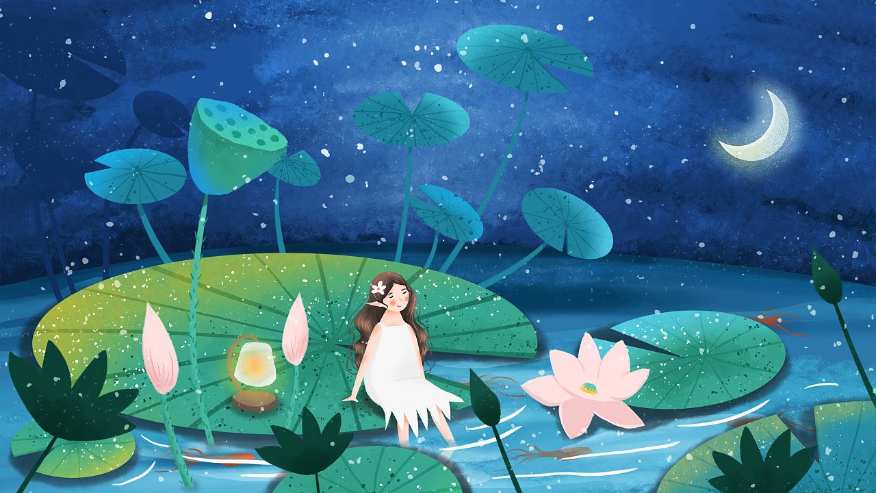 月光下的荷花池,小精灵|插画|商业插画|沐有知 - 原创作品 - 站酷