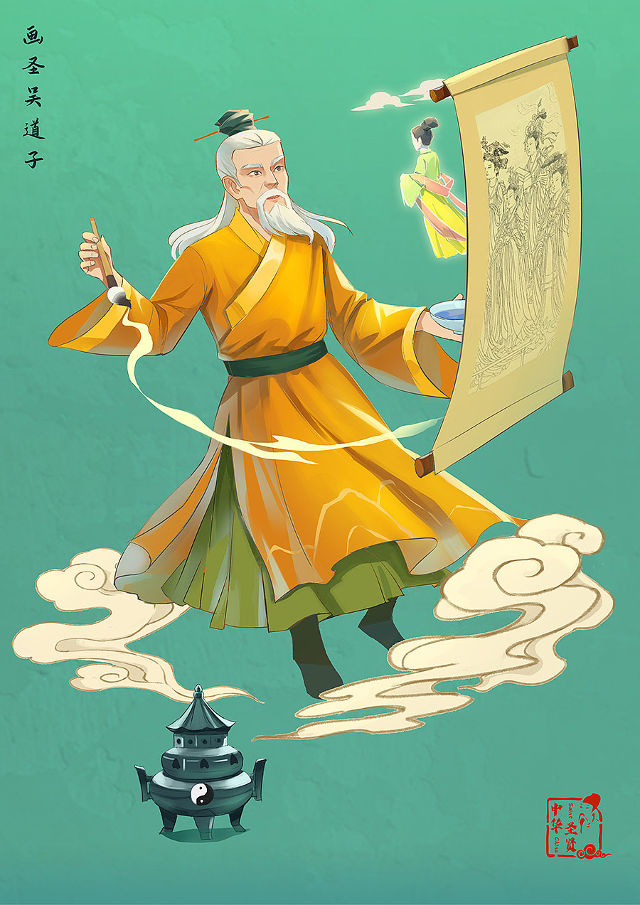 国风人物插画(孔子,关羽,李白,杜甫,张仲景,)