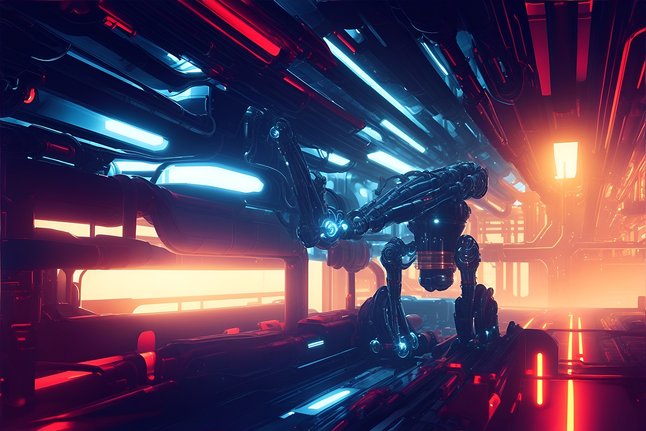 智能机械臂在工厂车间工作的艺术感场景