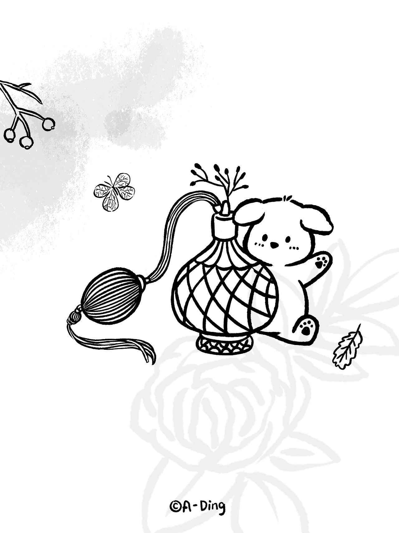 黑白线描手账素材-香喷喷与小可爱-简笔画香水与小狗