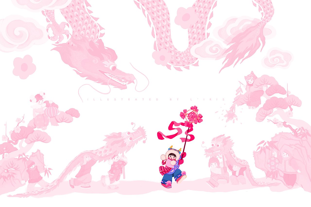 新春国风插画 |《欢喜龙腾过大年》（图ZMzYwMDY3NDI0） - 商业插画 - 站酷设计师石榴LIRIS原创素材 - 站酷ZCOOL