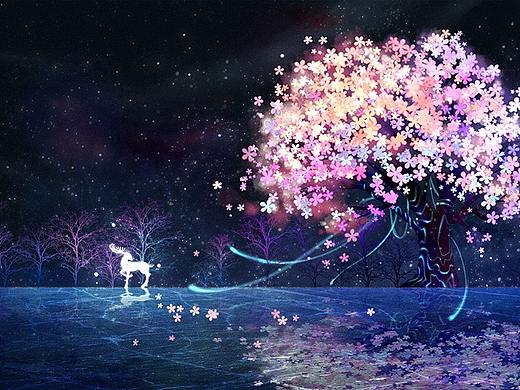 明信片-夜樱与鹿