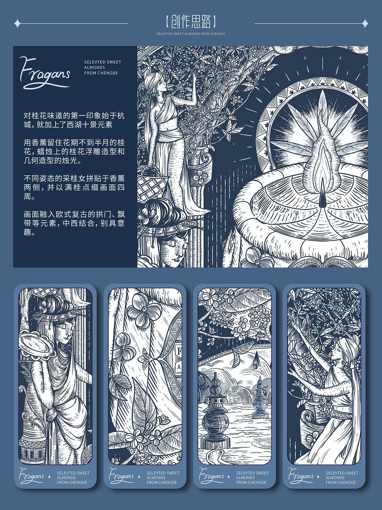 歐式復古鋼筆版畫包裝設計 | 桂花香薰（圖ZMzYyMTE2MTA0） - 商業(yè)插畫 - 站酷設計師瞎畫師EthanYang原創(chuàng)素材 - 站酷ZCOOL