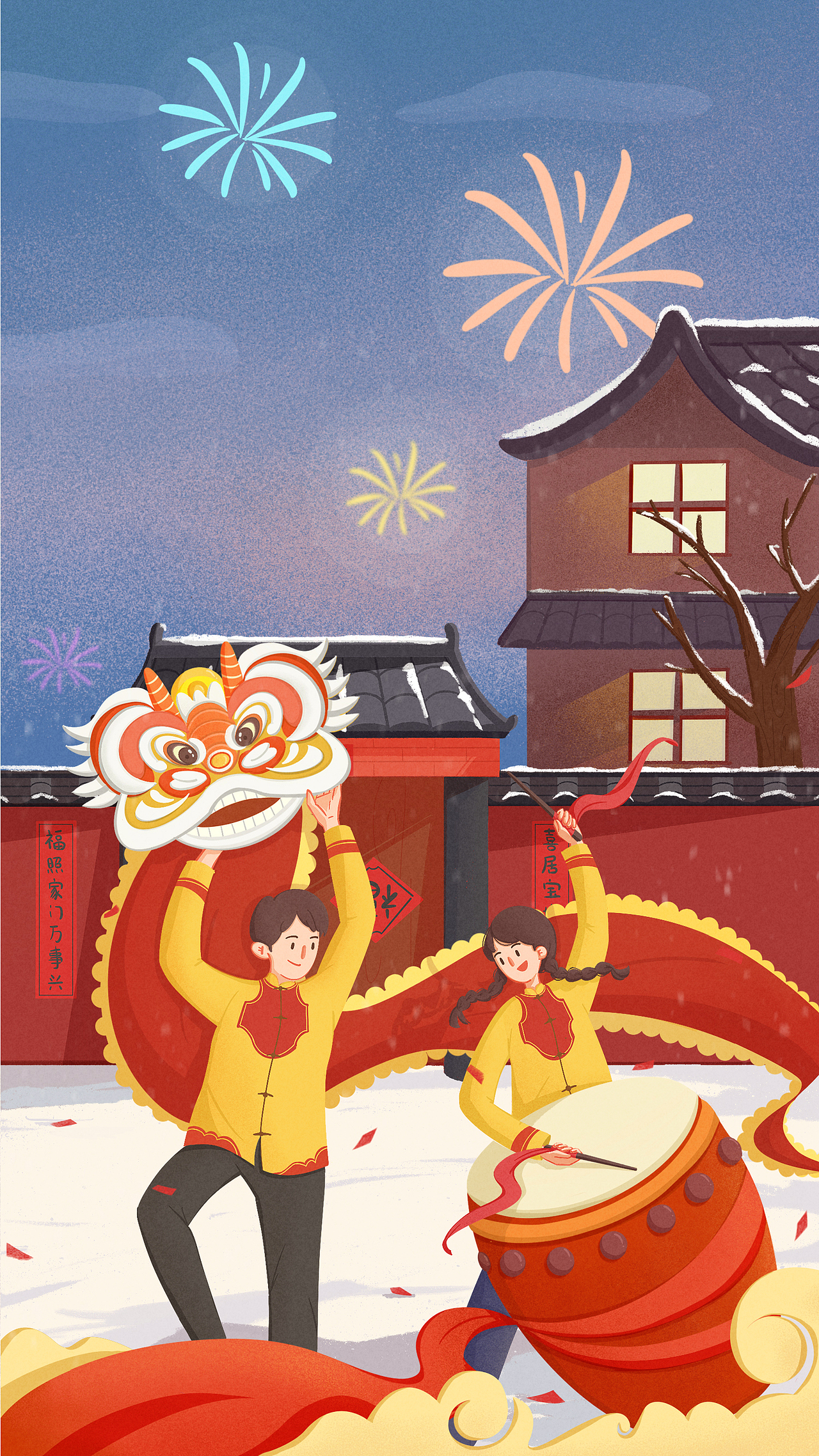 一月
一年最隆重的的节日春节。结合焦作的天气，雪地中舞狮打鼓，夜空中烟花灿烂，红色的对联和炮竹，房子里透出团聚的灯火。氛围喜庆而温馨