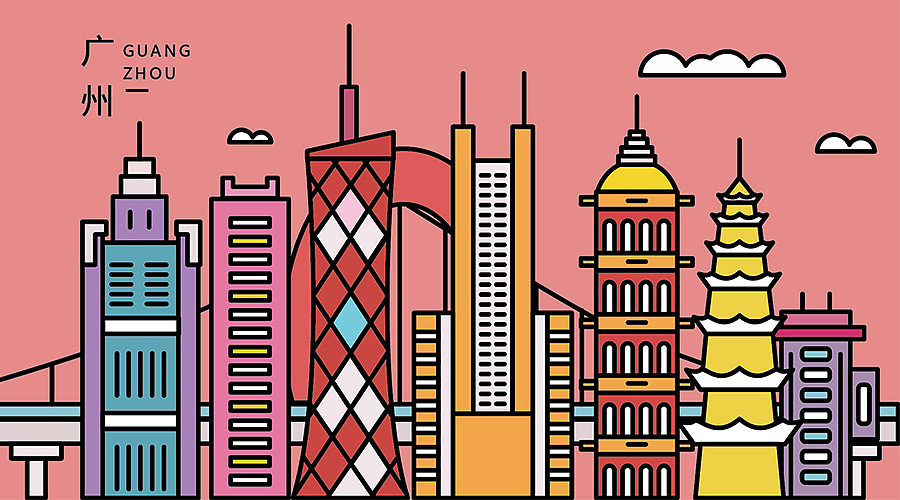 城市地标建筑矢量描边插画