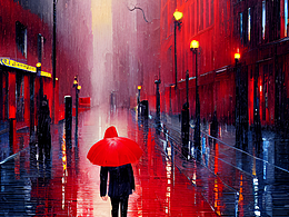 #AI創(chuàng)作實驗室#雨天，都市，紅傘