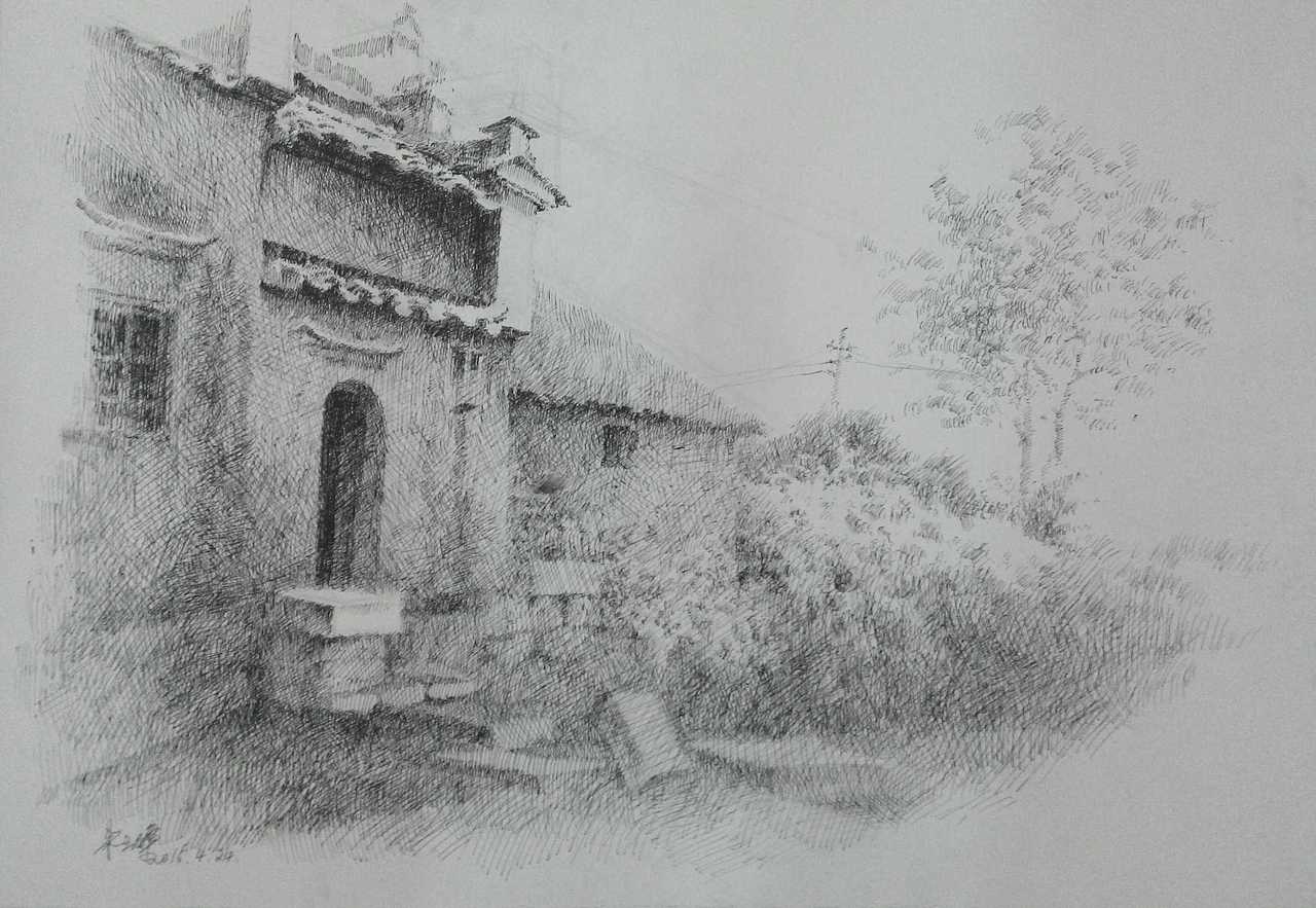 安徽西递,屏山钢笔画写生
